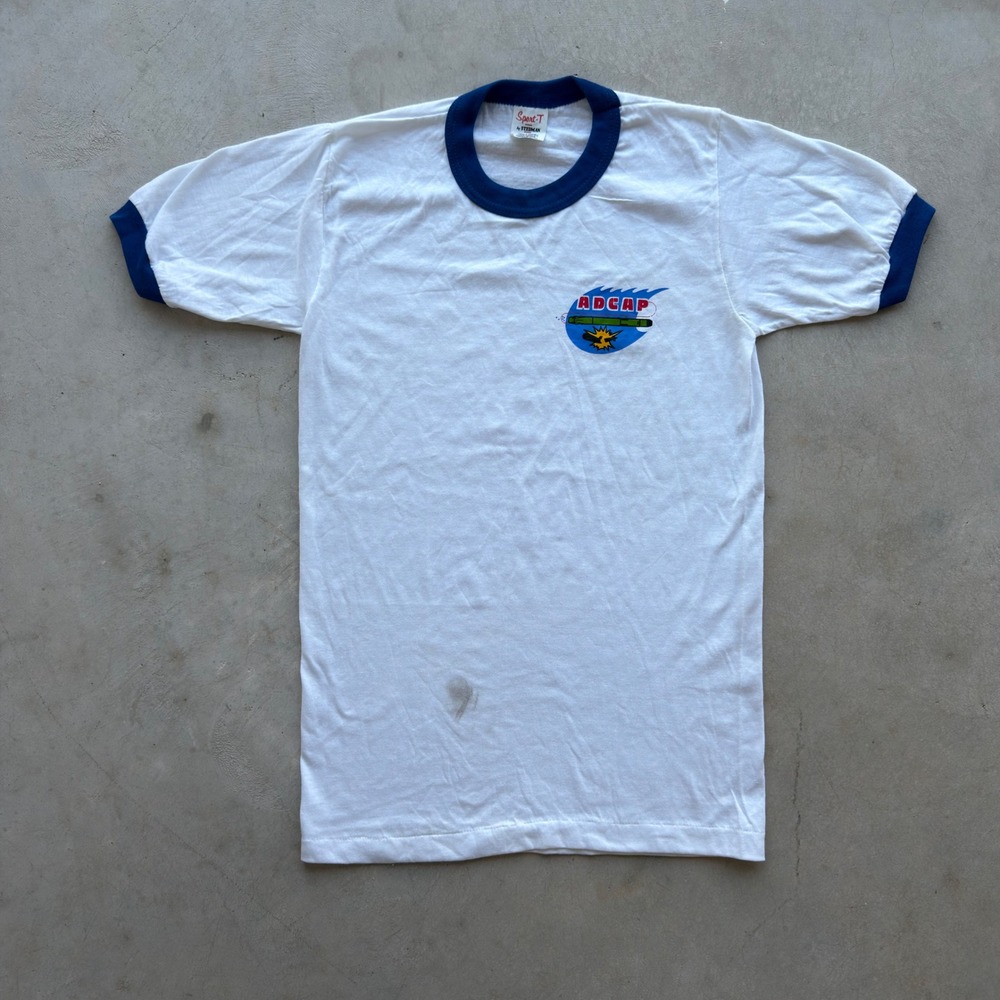 Vintage Stedman ADCAP Ringer T-Shirt Small White Blue 80s Made in USA Torpedo